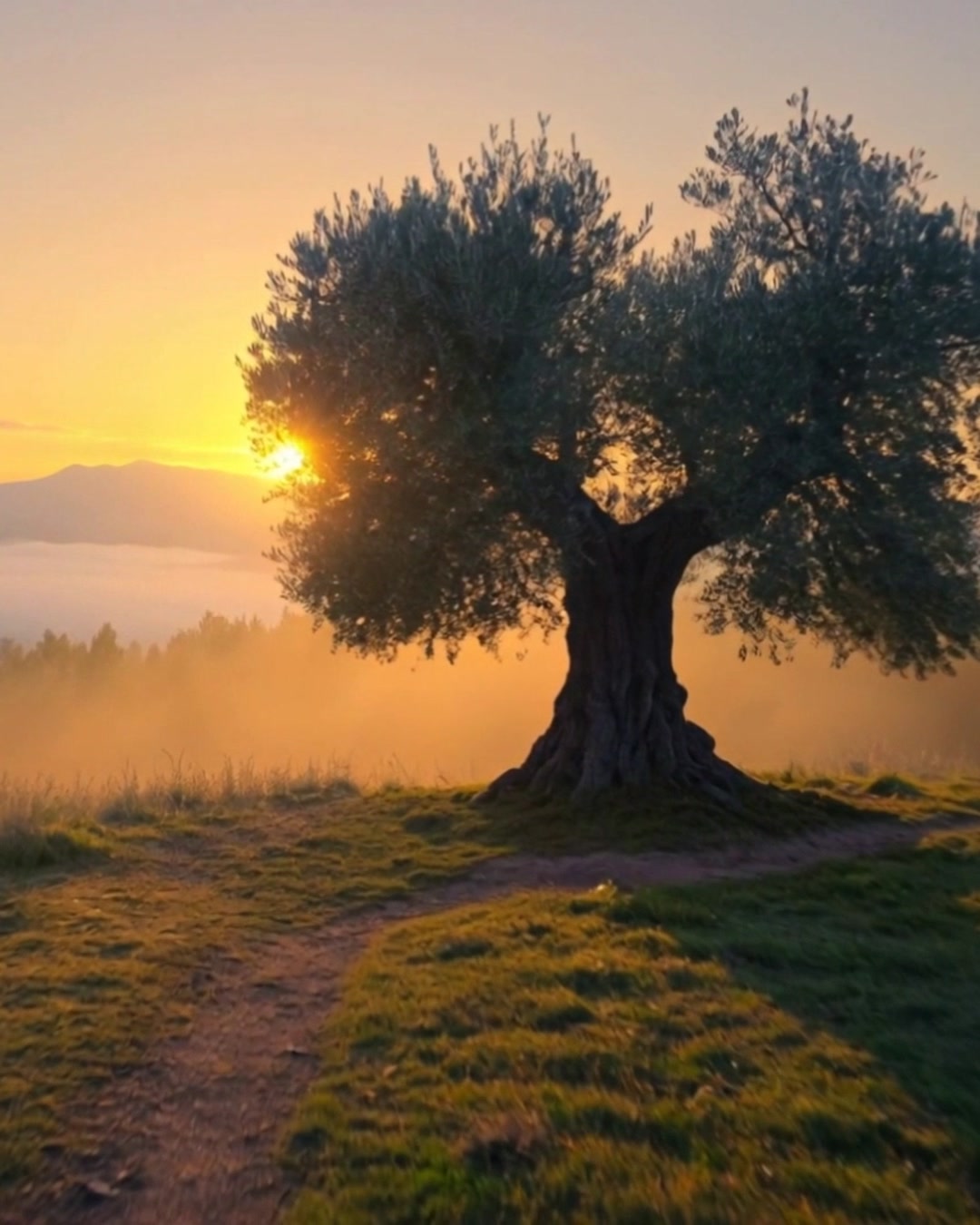 Uma oliveira antiga no alto do monte, contra o sol nascendo.